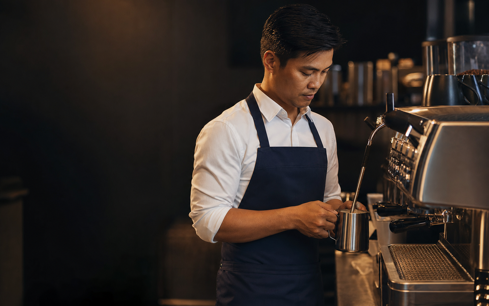 Barista practicing milk steaming with professional equipment