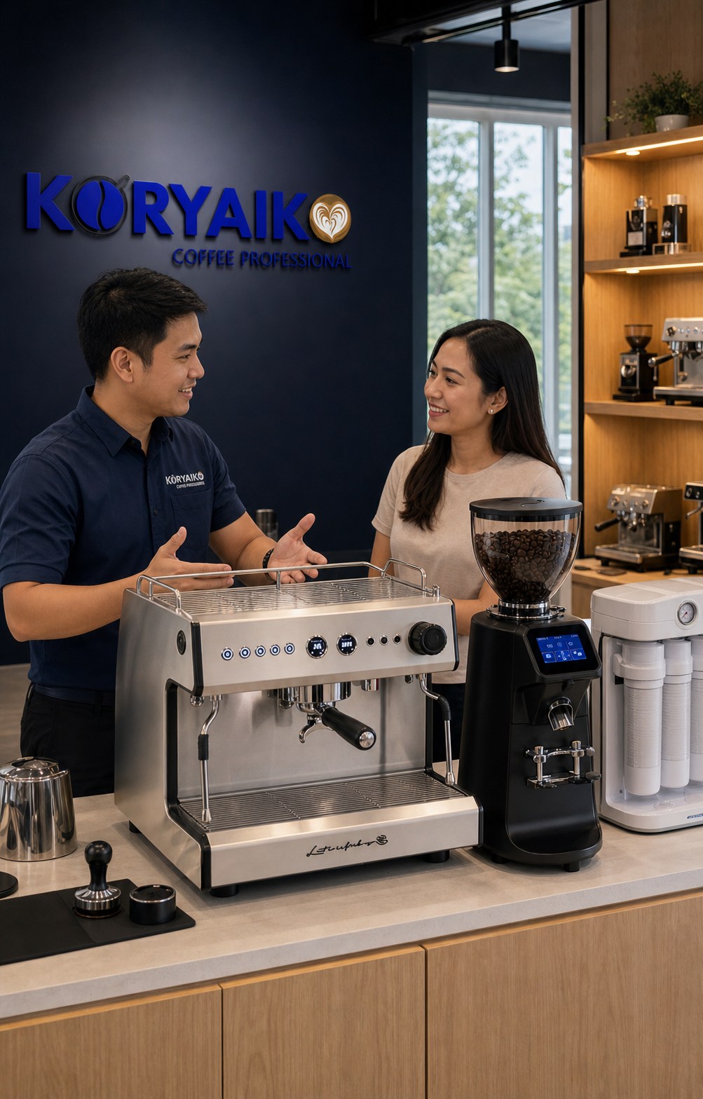 Koryaiko coffee solutions specialist planning a complete café equipment setup with a Philippine business owner