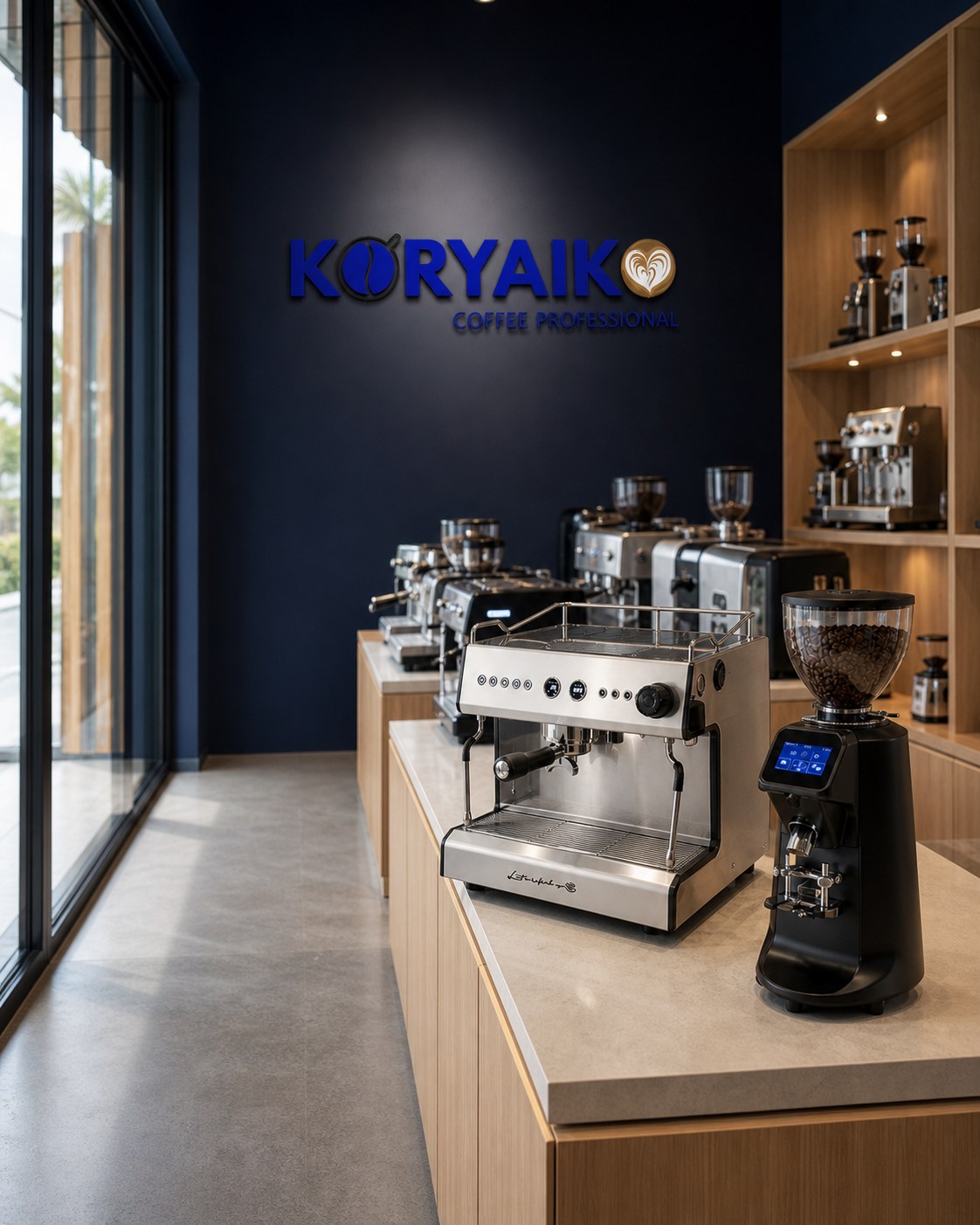 Koryaiko Philippines showroom with commercial espresso machines and grinders
