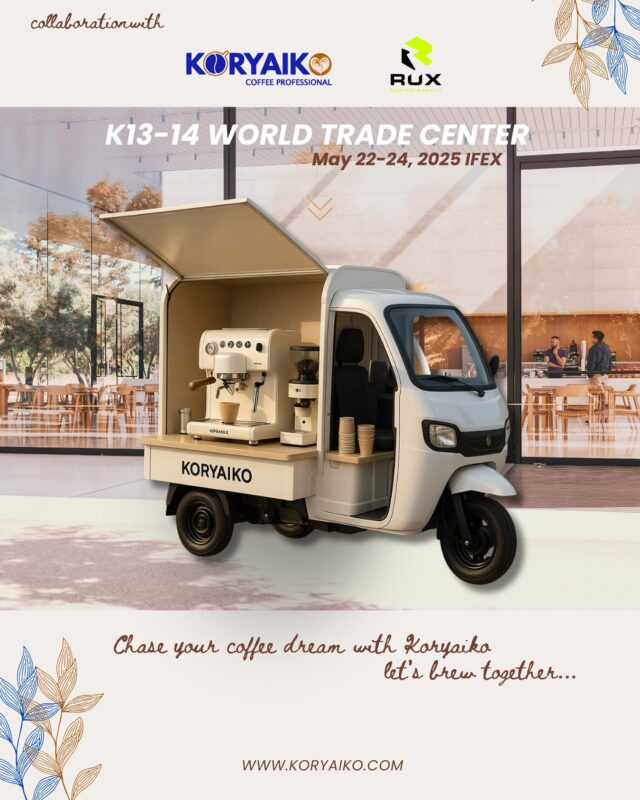 Experience innovation on wheels! Koryaiko teams up with RUX Electric Mobility to bring you the future of mobile coffee at IFEX 2025. 

Visit us at Booth K13-14, World Trade Center on May 22–24 — where coffee meets electric power. 

Let’s brew dreams together!

#koryaiko #koryaikophilippines #rux #ruxmobility #ifex2025 #ifex #expo #worldtradecenter